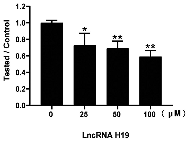 Formononetin decreased the expression of lncRNA H19 in  PC-3 cells. *P < 0.05, **P < 0.01 versus the untreated group, n = 3