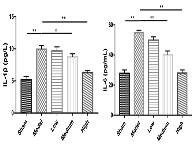 Effect of ginsenoside Rh1 on the expressions of interleukin‑1 β (a) and interleukin‑6 (b) in vivo. *P < 0.05, **P < 0.01