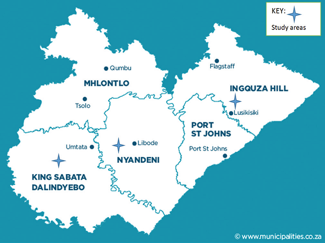 Map of OR Tambo District Municipality showing the study areas (Source: Municipalities.co.za)