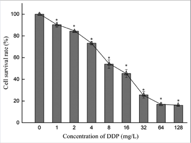 Effect of different concentrations of cisplatin  (DDP) on the  viability of A549 cells as measured by CCK-8 method (n = 3)
