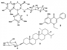  Chemical structures of (+)-lyoniresinol-2a-O-β-D-glucopyranosi de (1), crataemine (2) and crataenoside (3)