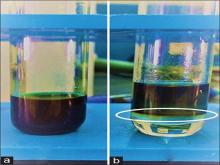 Confirmatory test for phytol.  (a) Crude ethanolic extract of  Hydrilla verticillata, (b) appearance of reddish brown ring