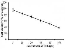 The cytotoxic effect of dieckol on Molt‑4 cells was measured by 3‑(4,5‑dimethyl‑2-thiazolyl)‑2,5‑diphenyltetrazolium bromide assay. Figure 1 proves the significant cytotoxicity of dieckol against the Molt‑4 cells. Among the different concentrations (5–160 μM), the 80 μM of dieckol was inhibited 50% of cell growth (IC50)